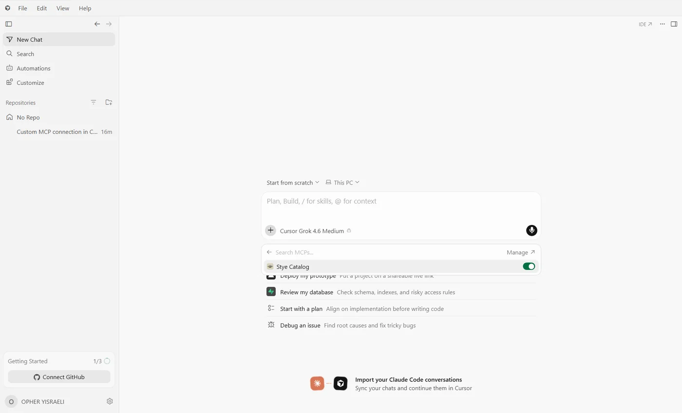 Cursor chat composer with the MCP list open and Stye Catalog switched on